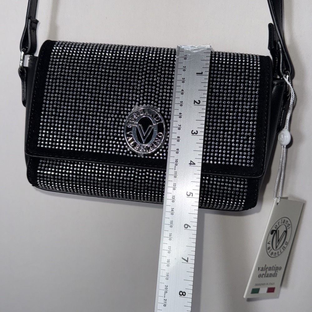 Valentino Orlandi Silver Rhinestone Studded Black Crossbody Bag Purse MSRP $199 - Picture 13 of 16